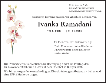 Traueranzeige von Ivanka Ramadani von Günzburger Zeitung