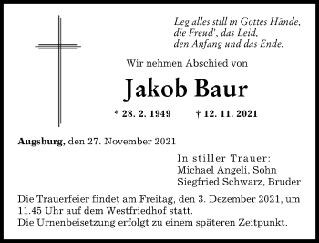 Traueranzeige von Jakob Baur von Augsburger Allgemeine