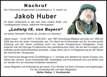 Traueranzeige von Jakob Huber von Donau Zeitung