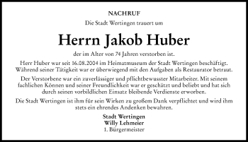 Traueranzeige von Jakob Huber von Donau Zeitung