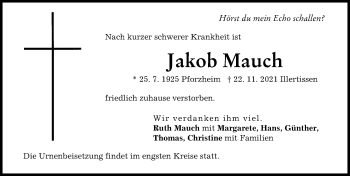 Traueranzeige von Jakob Mauch von Illertisser Zeitung