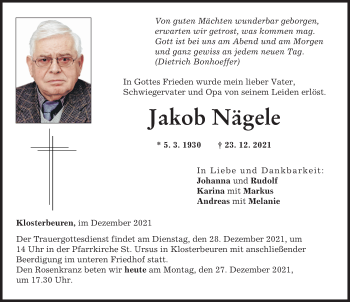 Traueranzeige von Jakob Nägele von Memminger Zeitung