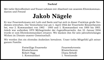Traueranzeige von Jakob Nägele von Illertisser Zeitung