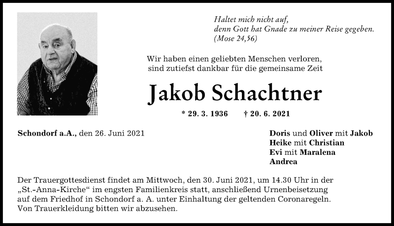  Traueranzeige für Jakob Schachtner vom 26.06.2021 aus Landsberger Tagblatt