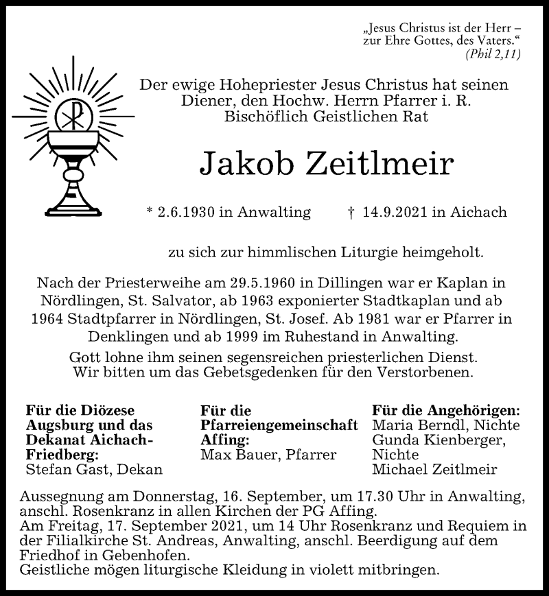  Traueranzeige für Jakob Zeitlmeir vom 16.09.2021 aus Augsburger Allgemeine