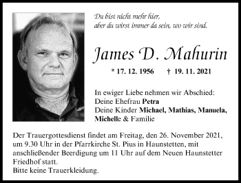 Traueranzeige von James D. Mahurin von Augsburger Allgemeine