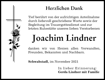Traueranzeige von Joachim Lindner von Schwabmünchner Allgemeine