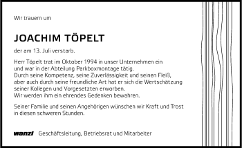 Traueranzeige von Joachim Töpelt von Günzburger Zeitung