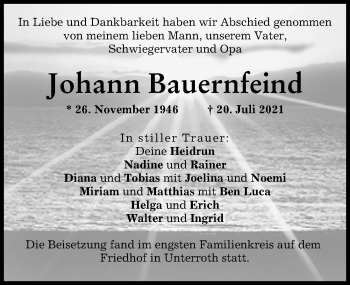 Traueranzeige von Johann Bauernfeind von Illertisser Zeitung