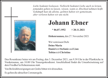Traueranzeige von Johann Ebner von Mittelschwäbische Nachrichten