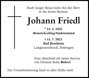 Traueranzeige von Johann Friedl von Schwabmünchner Allgemeine