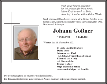 Traueranzeige von Johann Goßner von Mittelschwäbische Nachrichten