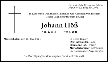 Traueranzeige von Johann Höß von Mittelschwäbische Nachrichten