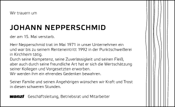 Traueranzeige von Johann Nepperschmid von Mindelheimer Zeitung