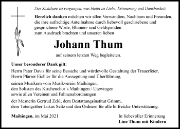 Traueranzeige von Johann Thum von Rieser Nachrichten