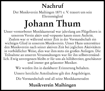 Traueranzeige von Johann Thum von Rieser Nachrichten