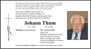 Traueranzeige von Johann Thum von Rieser Nachrichten
