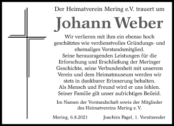 Traueranzeige von Johann Weber von Friedberger Allgemeine