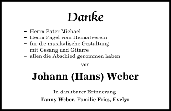 Traueranzeige von Johann Weber von Friedberger Allgemeine