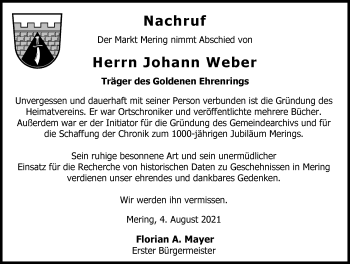 Traueranzeige von Johann Weber von Friedberger Allgemeine