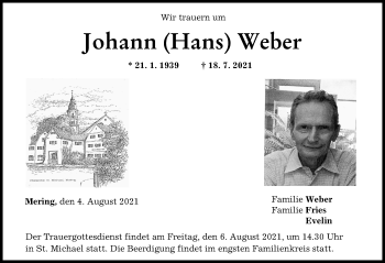 Traueranzeige von Johann Weber von Friedberger Allgemeine
