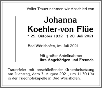Traueranzeige von Johanna Koehler-von Flüe von Mindelheimer Zeitung