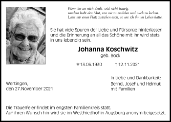 Traueranzeige von Johanna Koschwitz von Wertinger Zeitung