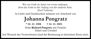 Traueranzeige von Johanna Pongratz von Wertinger Zeitung