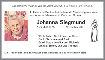 Traueranzeige von Johanna Siegmund von Mindelheimer Zeitung