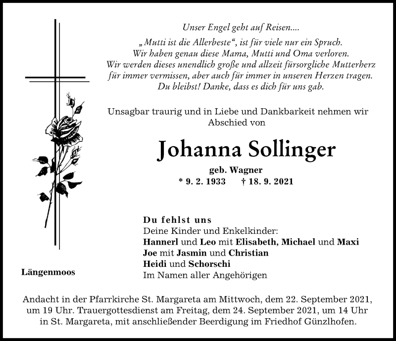  Traueranzeige für Johanna Sollinger vom 22.09.2021 aus Friedberger Allgemeine