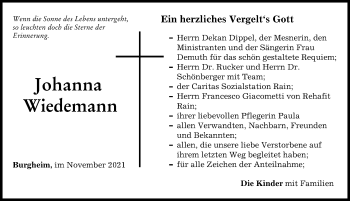 Traueranzeige von Johanna Wiedemann von Neuburger Rundschau