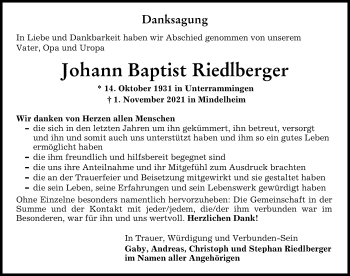 Traueranzeige von Johann Baptist Riedlberger von Mindelheimer Zeitung
