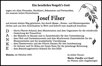 Traueranzeige von Josef Filser von Mindelheimer Zeitung
