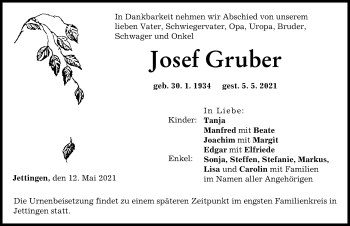 Traueranzeige von Josef Gruber von Günzburger Zeitung