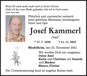 Traueranzeige von Josef Kammerl von Mindelheimer Zeitung