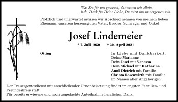 Traueranzeige von Josef Lindemeier von Donauwörther Zeitung