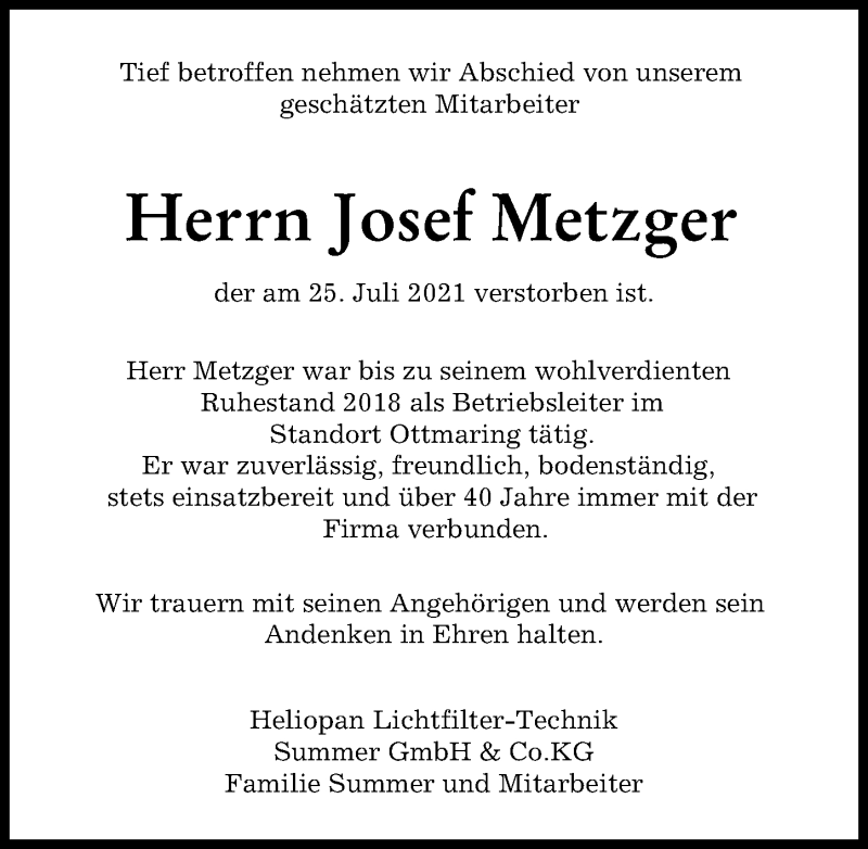  Traueranzeige für Josef Metzger vom 04.08.2021 aus Friedberger Allgemeine
