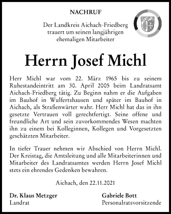 Traueranzeige von Josef Michl von Friedberger Allgemeine