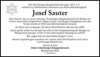Traueranzeige von Josef Sauter von Günzburger Zeitung