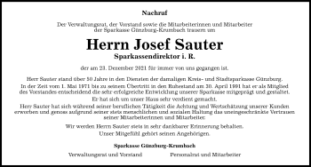 Traueranzeige von Josef Sauter von Günzburger Zeitung