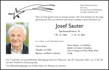 Traueranzeige von Josef Sauter von Günzburger Zeitung