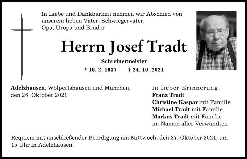  Traueranzeige für Josef Tradt vom 26.10.2021 aus Friedberger Allgemeine, Aichacher Nachrichten