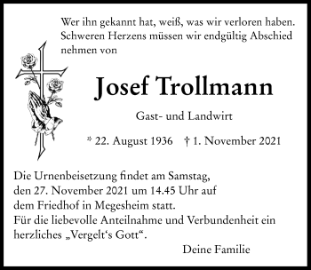 Traueranzeige von Josef Trollmann von Rieser Nachrichten
