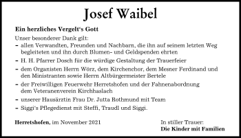 Traueranzeige von Josef Waibel von Illertisser Zeitung