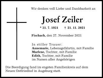 Traueranzeige von Josef Zeiler von Friedberger Allgemeine, Augsburg-Land