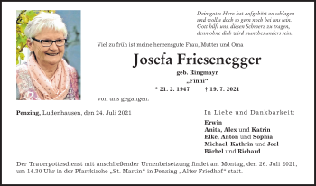 Traueranzeige von Josefa Friesenegger von Landsberger Tagblatt