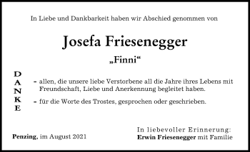Traueranzeige von Josefa Friesenegger von Landsberger Tagblatt