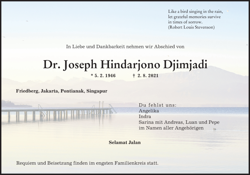  Traueranzeige für Joseph Hindarjono Djimjadi vom 07.08.2021 aus Augsburger Allgemeine