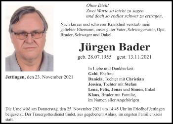 Traueranzeige von Jürgen Bader von Günzburger Zeitung