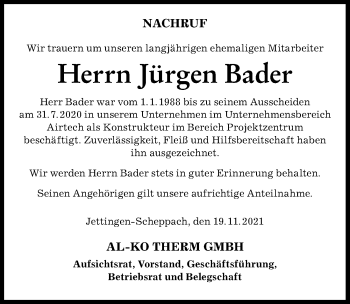 Traueranzeige von Jürgen Bader von Günzburger Zeitung